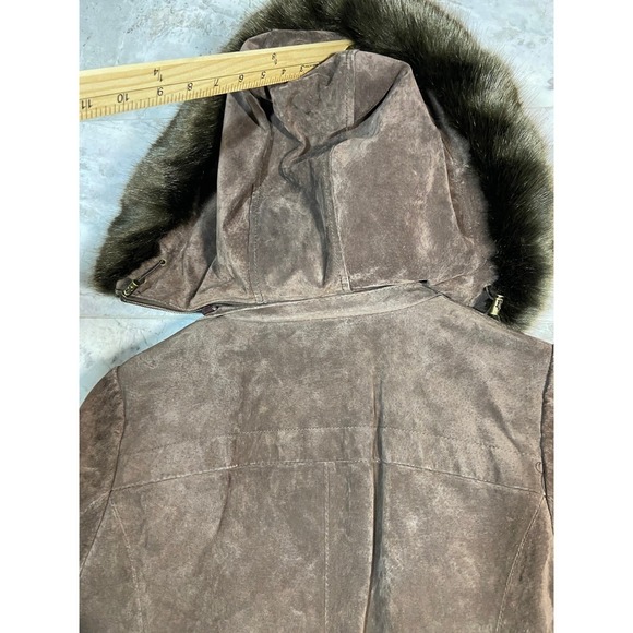 BGSD Womens Brown Suede Parka Jacket Fur Trim Hood Quilted Lined Coat M - Picture 14 of 16